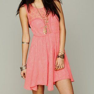 Free People Lolita Syndrome Dress Coral Crotchet Flouncy Hem Flowy Boho Pink M